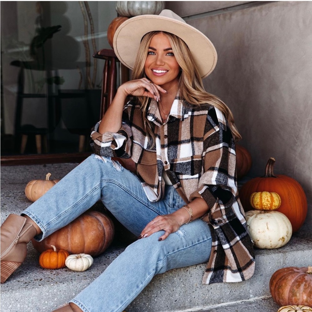 Vici Tan Black White Plaid Utility Jacket